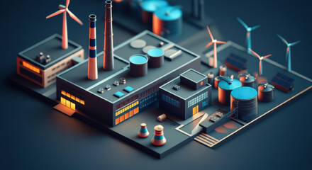 Obraz premium Industrial energy plant with wind turbines and storage tanks in miniature