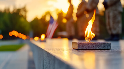 Commemorative ceremony with eternal flame and american flag at sunset