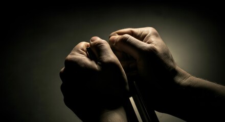 Hands gripping metal bar under low light conveying tension and physical effort