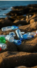 Plastic bottles litter rocky shoreline near ocean in warm sunset light along coast
