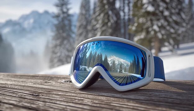 White and blue ski goggles lying on weathered wooden planks, mountain landscape with snowy peaks and evergreen trees reflected in curved mirror lens