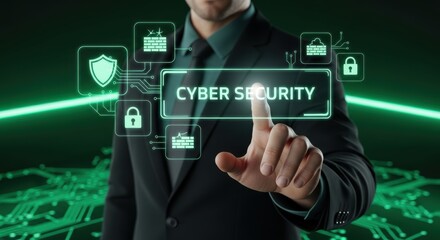 Professional touching a digital cyber security interface in a glowing neon environment