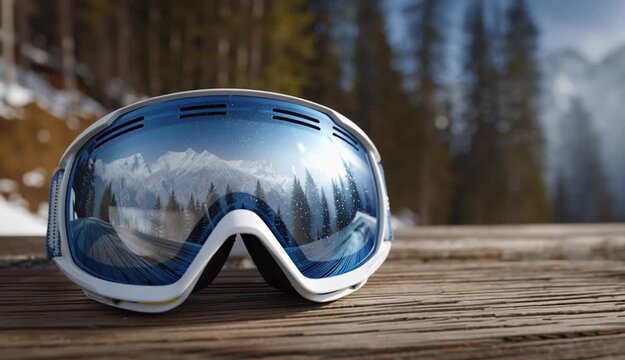 White and blue ski goggles lying on weathered wooden planks, mountain landscape with snowy peaks and evergreen trees reflected in curved mirror lens
