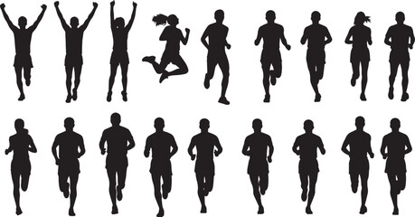 Set of running people silhouettes, active athletes sprinting, jogging, and celebrating victory for sports branding, fitness lifestyle, and marathon event design. © NexThread