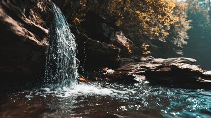 Fototapeta premium Small forest waterfall cascading over dark rocks into a clear pool with warm sunlight filtering through trees