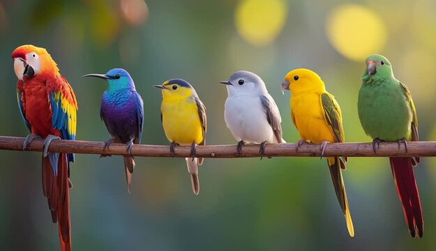Six colorful tropical birds perched in a row on a wooden branch, from left to right: red and yellow parrot
