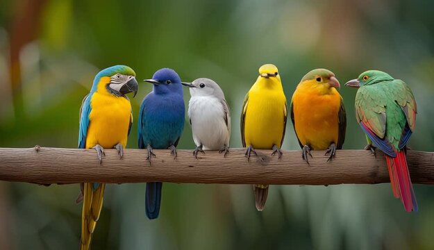 Six colorful tropical birds perched in a row on a wooden branch, from left to right: red and yellow parrot
