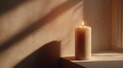 Lit candle casts warm light and soft shadows
