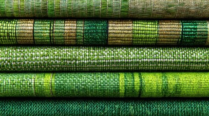 Close-up of a stack of diverse green textile rolls with patterns and textures