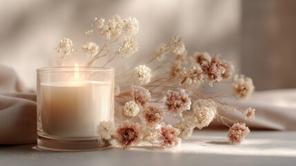 Lit candle in a clear glass holder with dried flowers