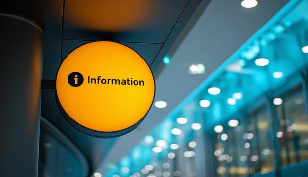 illuminated yellow-orange circular information sign with black lowercase letter text "i" icon in center
