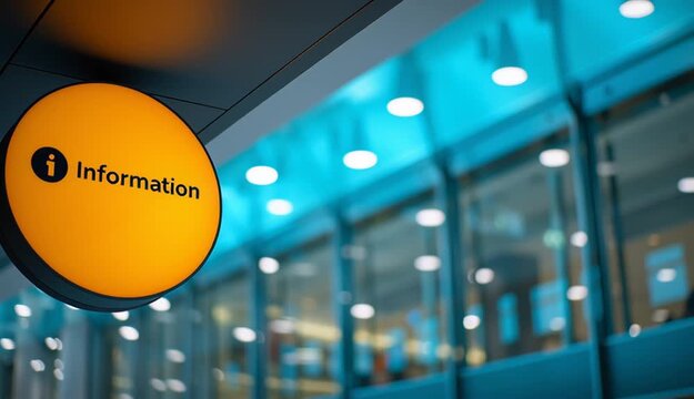 illuminated yellow-orange circular information sign with black lowercase letter text "i" icon in center
