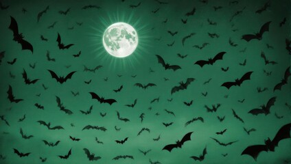 Full Moon with Bats Flying in a Spooky Green Sky.
