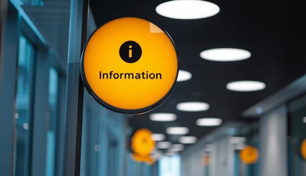 illuminated yellow-orange circular information sign with black lowercase letter text "i" icon in center
