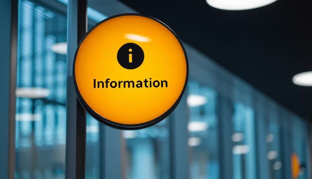 illuminated yellow-orange circular information sign with black lowercase letter text "i" icon in center
