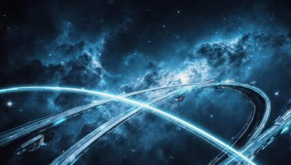 Futuristic blue light trails traveling through a cosmic nebula in deep space.