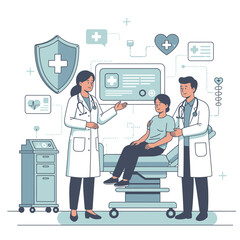 Medical team including male and female doctors treating patient on examination bed in clinical hospital facility with medical data icons and equipment flat line art vector illustration