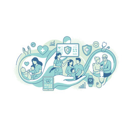 Medical team with doctor caring for family mother baby and elderly couple inside infinity loop design with supporting hand and health data icons flat line art vector illustration for wellness
