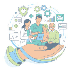 Medical team with doctor and nurse caring for elderly couple on large supporting hand with icons for health data protection and heart healthcare services flat outline vector illustration
