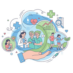 Healthcare services concept with medical team caring for patients family health with mother and baby and people exercising for wellness lifestyle with medical icons flat vector illustration