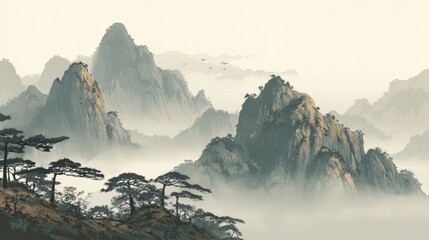 Traditional Chinese shanshui style landscape painting with misty mountains and pine trees