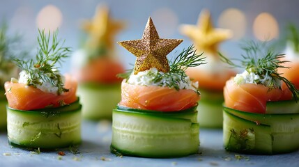 Festive smoked salmon appetizers, cucumber base, dill, cream cheese topping, star decoration