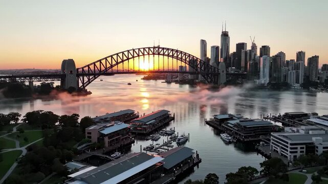 Aerial view of sydney harbour bridge and city skyline at sunrise with mist over the water