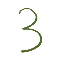 Hand drawn green number 3, doodle handwritten numeral isolated on transparent background