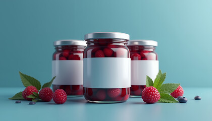 Mockup of a glass jar with berry jam and a blank label for placing a logo or signature