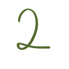 Hand drawn green number 2, doodle handwritten numeral isolated on transparent background