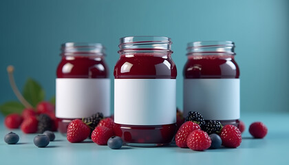 Mockup of a glass jar with berry jam and a blank label for placing a logo or signature