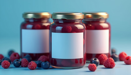 Mockup of a glass jar with berry jam and a blank label for placing a logo or signature