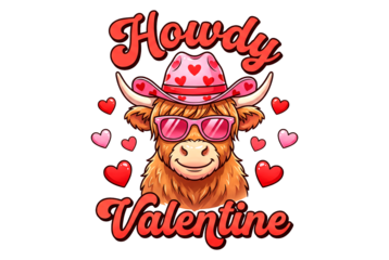 Howdy Valentine Highland Cow Png Heart Pattern Western Sublimation Glossy