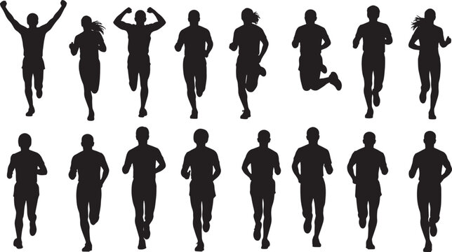 Set of running people silhouettes, active athletes winning and celebrating victory with arms raised, male and female joggers for sports events and fitness branding.