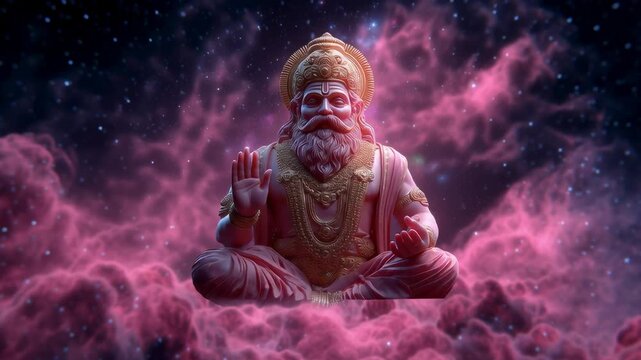 Hindu god Brahma meditating in cosmic space. Ancient deity with white beard sits in lotus pose among pink clouds. Divine spirituality and mythology of India with stars and nebula universe.