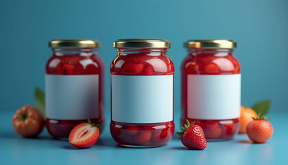 Mockup of a glass jar with berry jam and a blank label for placing a logo or signature