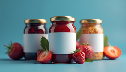 Mockup of a glass jar with berry jam and a blank label for placing a logo or signature