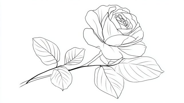 A delicate line drawing of a rose with leaves on a stem