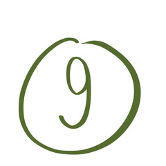 Hand drawn green number 9, doodle handwritten numeral isolated on transparent background