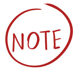 Hand drawn red NOTE text in a brush circle, doodle label isolated on transparent background