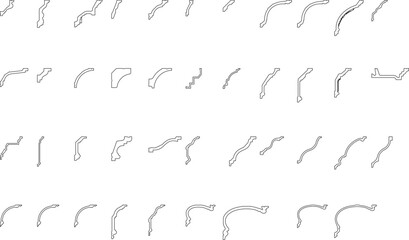 Technical vector set of diverse architectural molding profiles, featuring crown trims, curved sections, and ornate outlines.