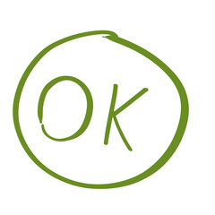 Hand drawn OK text, simple green doodle lettering isolated on transparent background