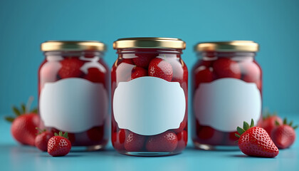 Mockup of a glass jar with berry jam and a blank label for placing a logo or signature