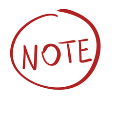 Hand drawn red NOTE text in a brush circle, doodle label isolated on transparent background