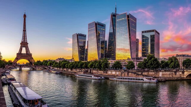 Eiffel tower and modern skyscrapers along the seine river in paris at sunset