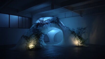 Luminous vines weaving through a surreal blue illuminated archway in a dimly lit room with futuristic ambiance and ambient lighting with tunnel