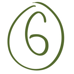 Hand drawn green number 6, doodle handwritten numeral isolated on transparent background