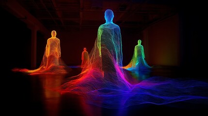 Four upward growing luminous human figures made of colorful network lines in a dark room with a reflective floor with glowing and sculptures