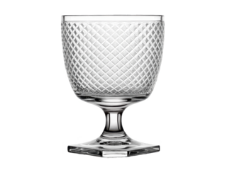 Exquisite, intricately patterned clear crystal wine goblet with a diamond-cut texture across the bowl and a faceted stem, elegantly standing upright on a, isolated on transparent background.