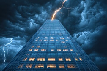 Storm clouds loom over a skyscraper with lightning striking the rooftop in a dramatic display